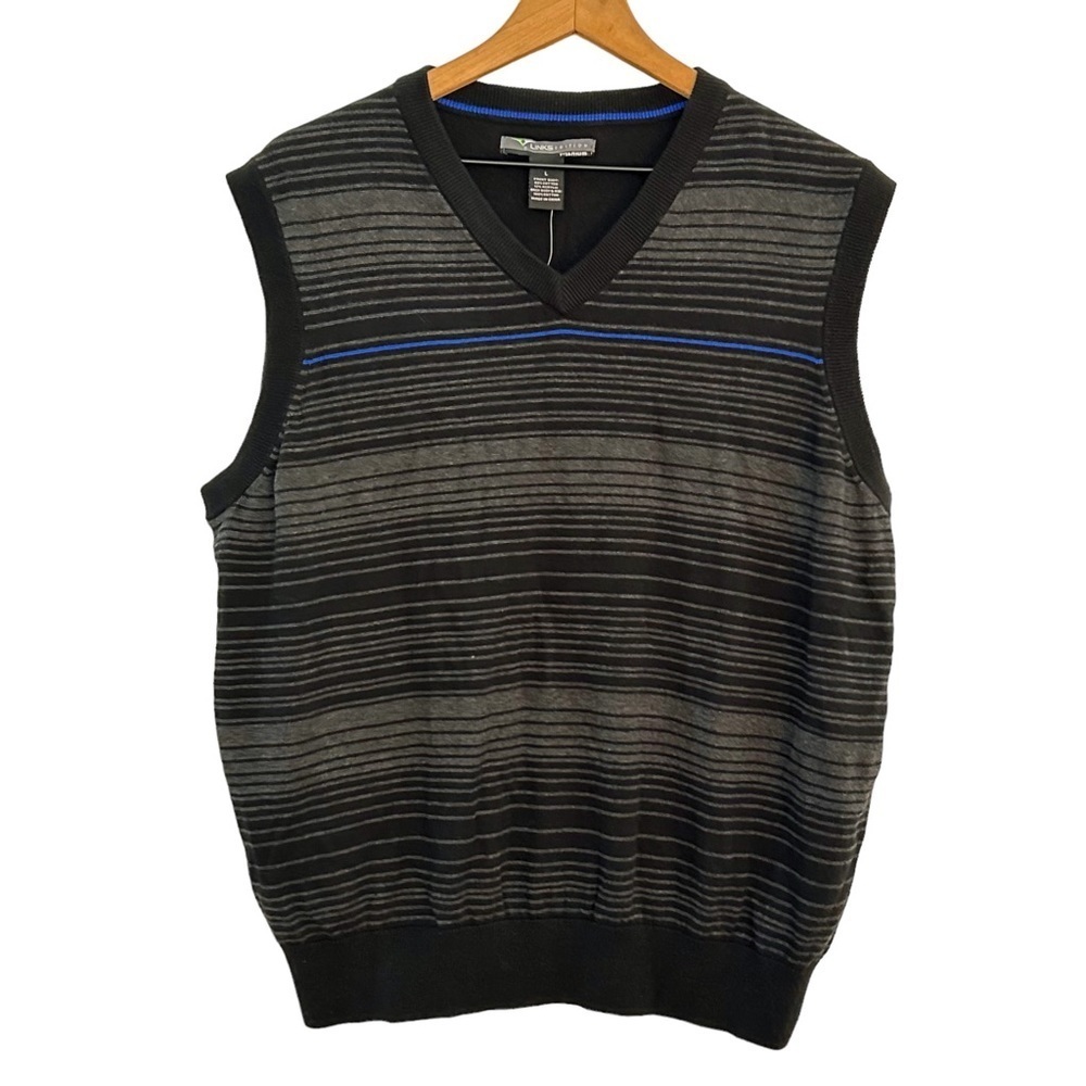 LINKS Titanium Edition V-neck Striped Sweater Vest Men SZ Large Black Golf NEW